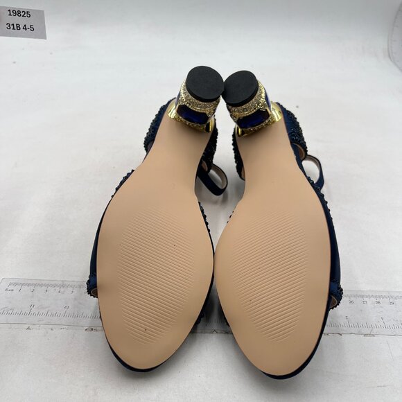 XYD Navy Bridal Ankle Strap Peep Toe Rhinestone Studs Block Low Heel Sandal - Picture 7 of 8